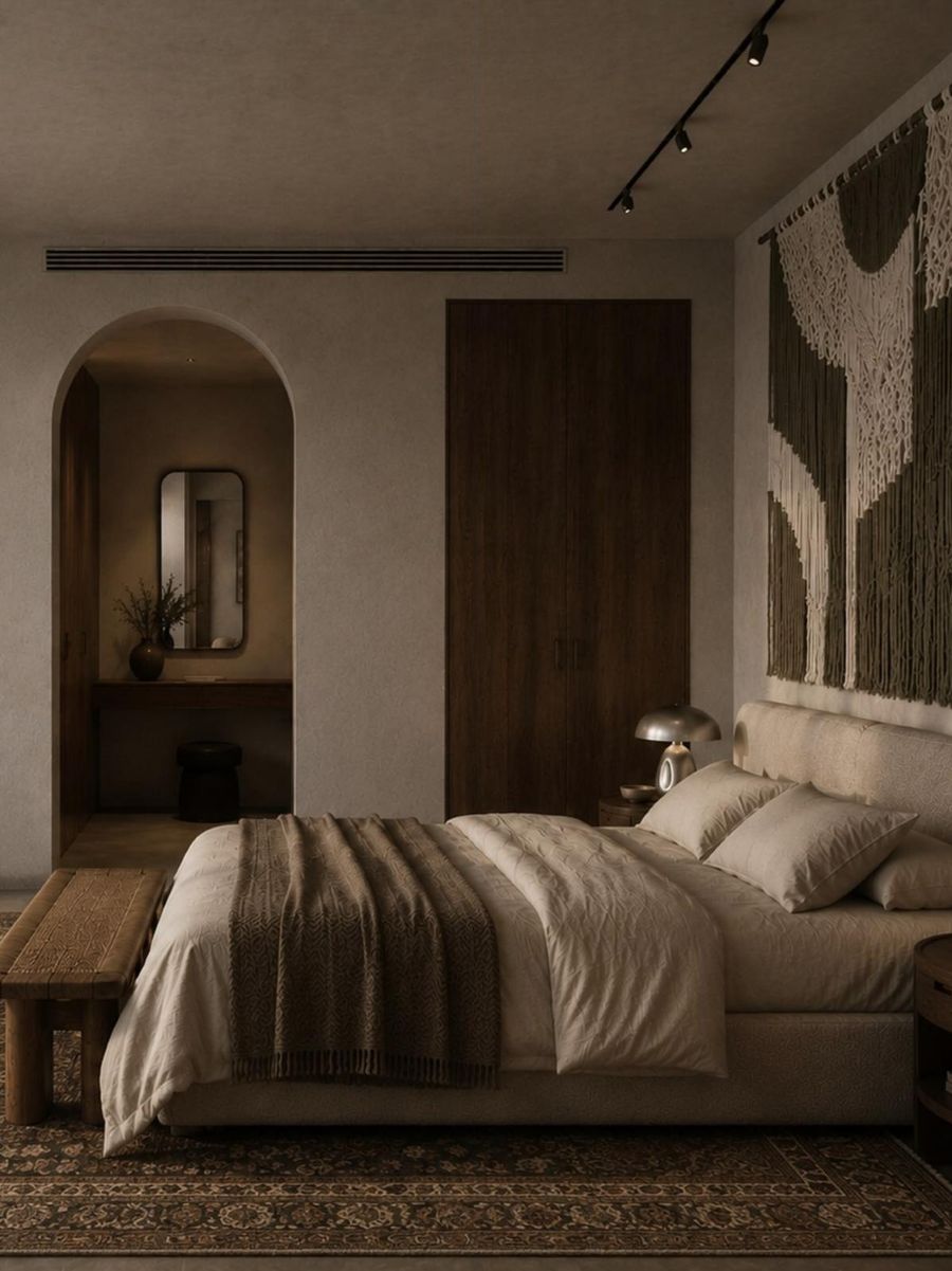 Master bedroom with an arched doorway, walnut wardrobe and a macramé wall hanging