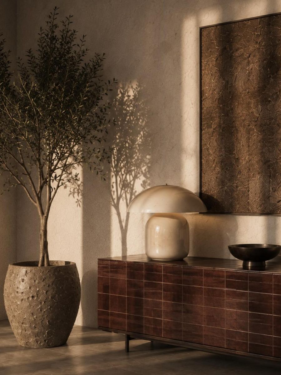 An olive tree casting shadows on a limewash wall at golden hour, beside an oxblood tiled sideboard